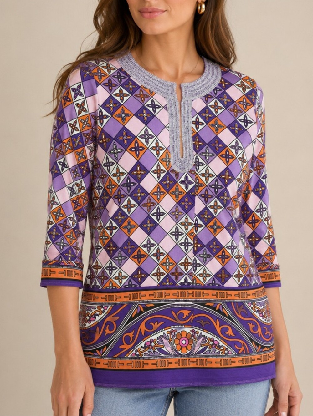 Tory Burch Silk Tunic Top Purple Orange Women Size S Beaded Geometric Boho Chic